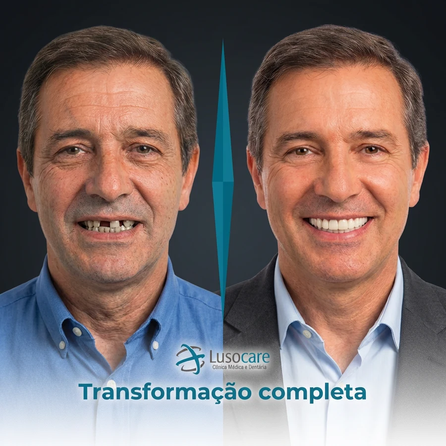 Antes e depois · Transformação completa do sorriso com implantes dentários Lusocare