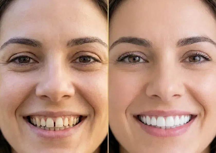 Antes e depois de uma transformação de sorriso com facetas de cerâmica Lusocare