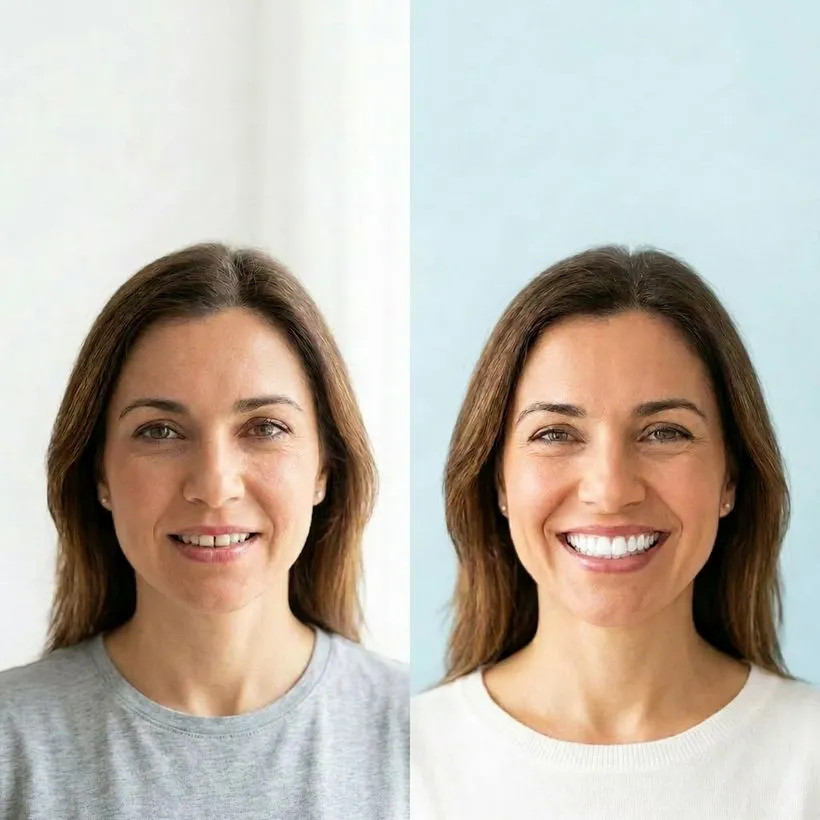 Antes e depois de facetas dentárias num paciente da Lusocare Montijo