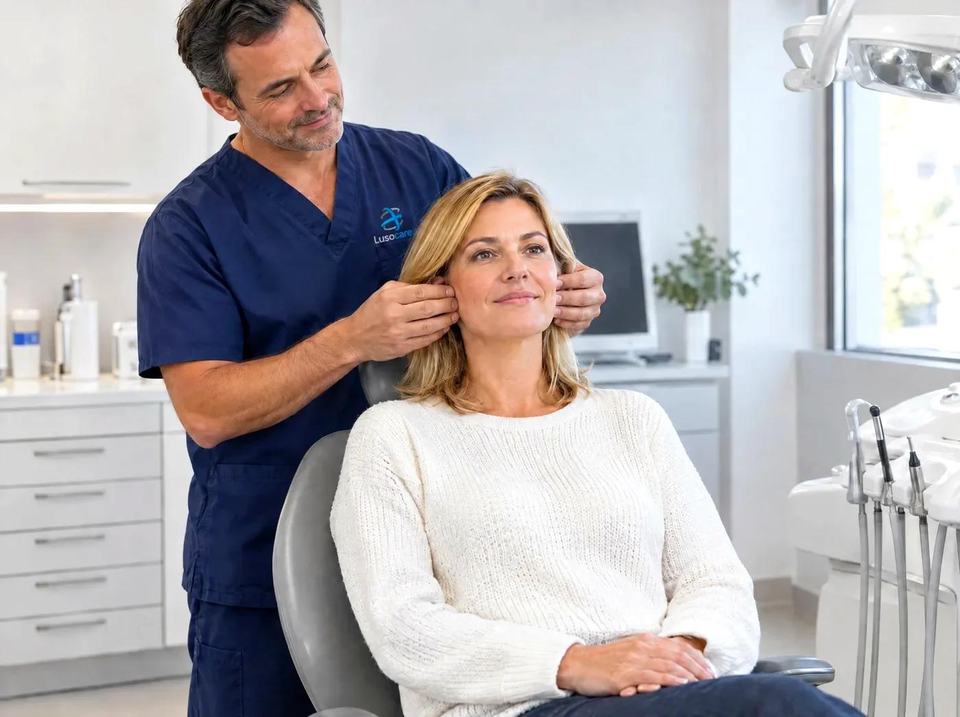 Médico dentista avalia a articulação temporomandibular (ATM) de uma doente