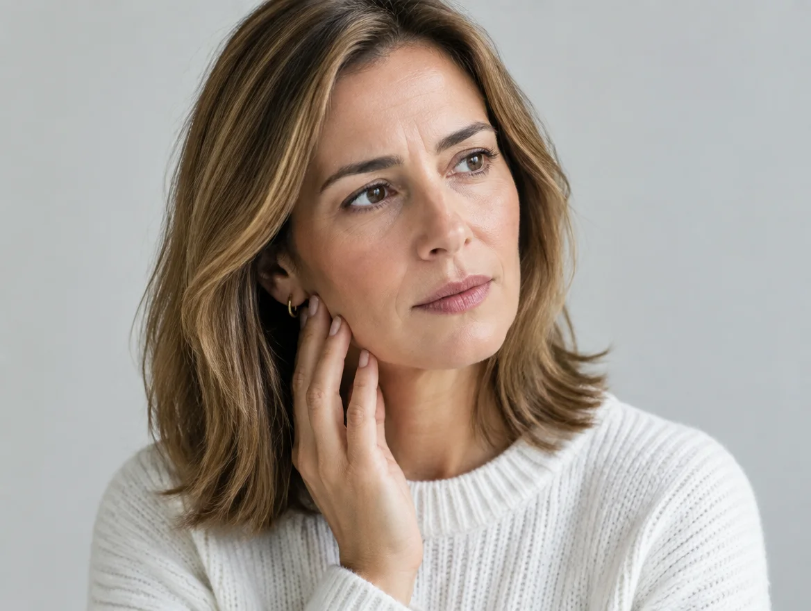Mulher com dor na zona da articulação temporomandibular (ATM)