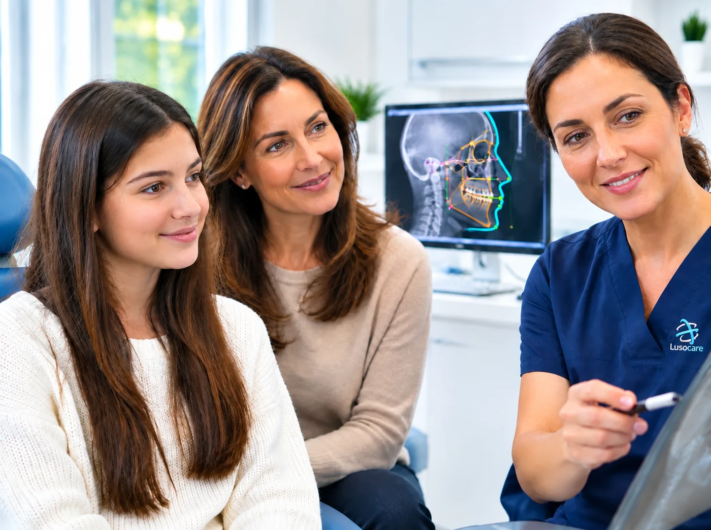 Médica dentista explica a telerradiografia de perfil a uma jovem e à mãe
