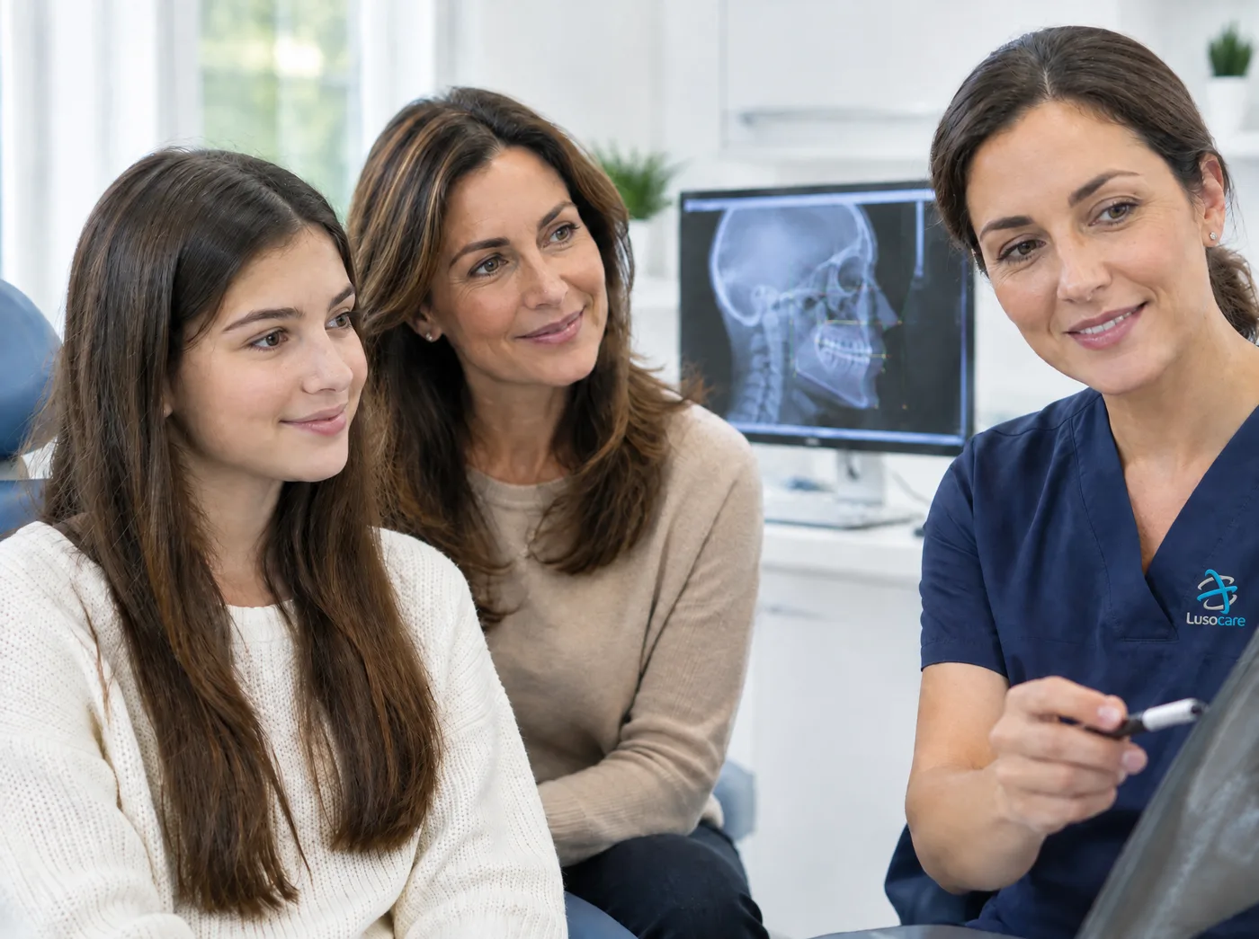Médica dentista explica a telerradiografia de perfil a uma jovem e à mãe