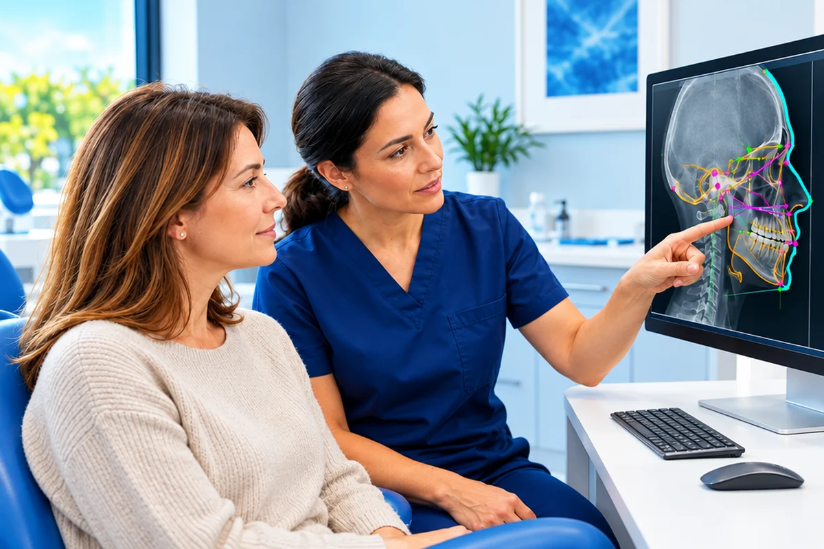 Médica dentista mostra a telerradiografia de perfil a uma doente