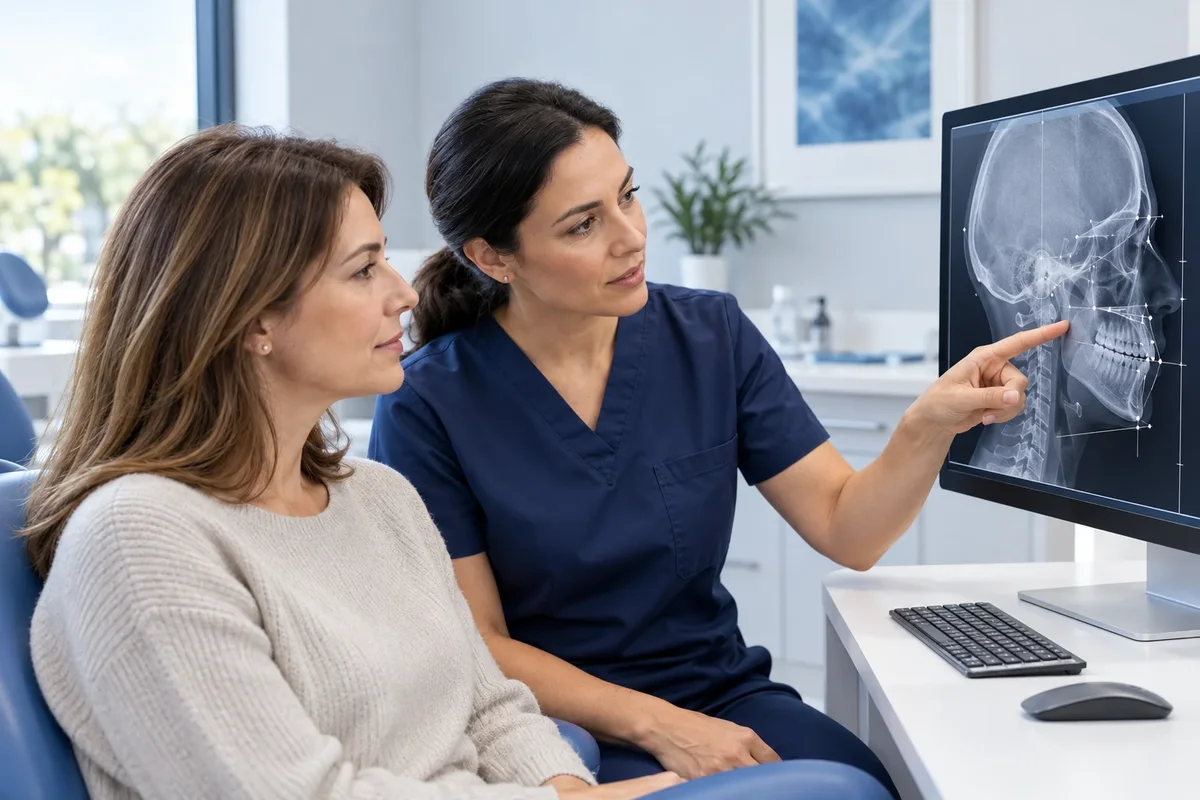 Médica dentista mostra a telerradiografia de perfil a uma doente