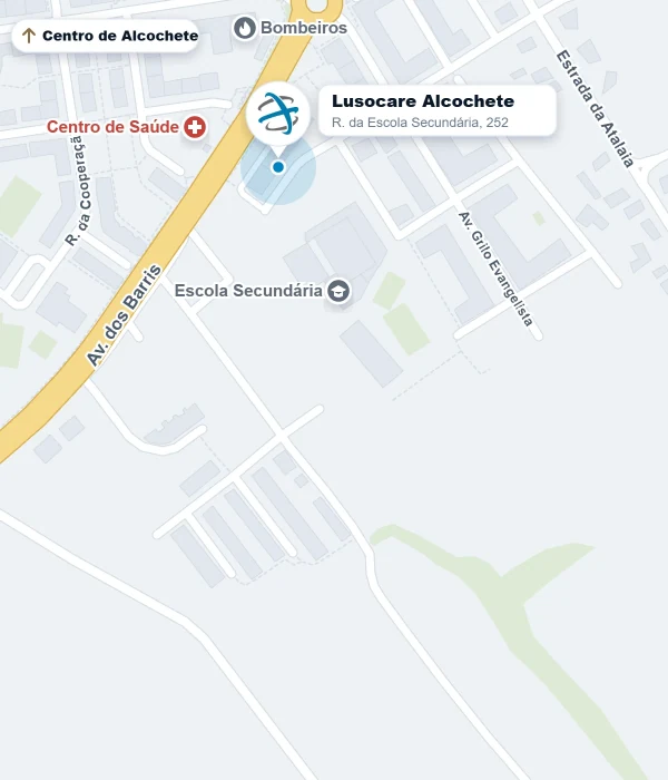 Mapa: a Lusocare Alcochete fica na Rua da Escola Secundária, 252, junto à Escola Secundária de Alcochete