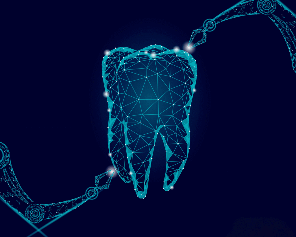 Dente em estilo wireframe com pontos de luz e engrenagens ao fundo escuro.