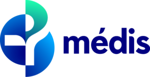 Logotipo da Médis com um círculo azul e verde e a letra P estilizada em branco.