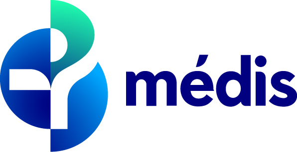 Logotipo da Médis com um círculo azul e verde e a letra P estilizada em branco.