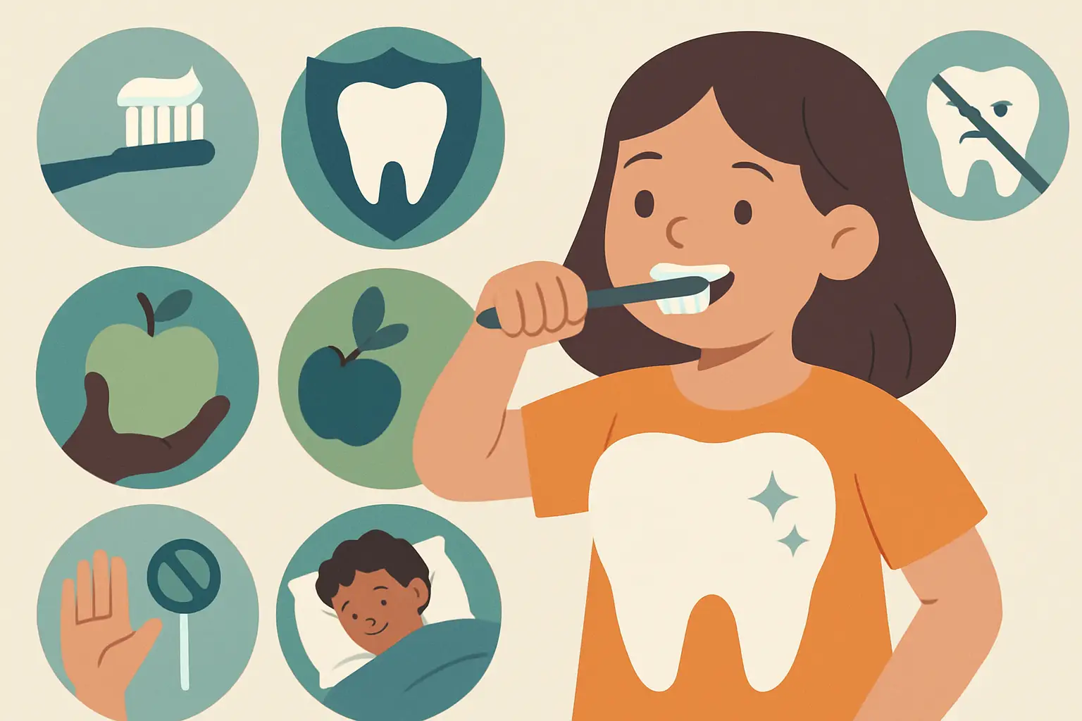 Menina a escovar os dentes com sete ícones de hábitos para evitar cáries.