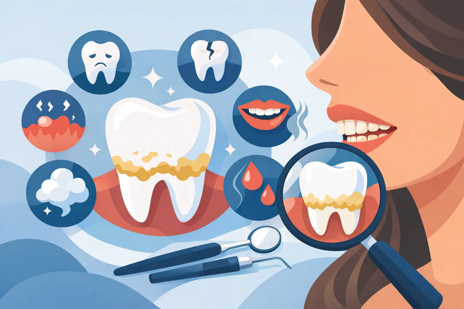 Sinais de que precisa de destartarização: dor de dentes, sangramento, mau hálito e outros sintomas de problemas de saúde oral.