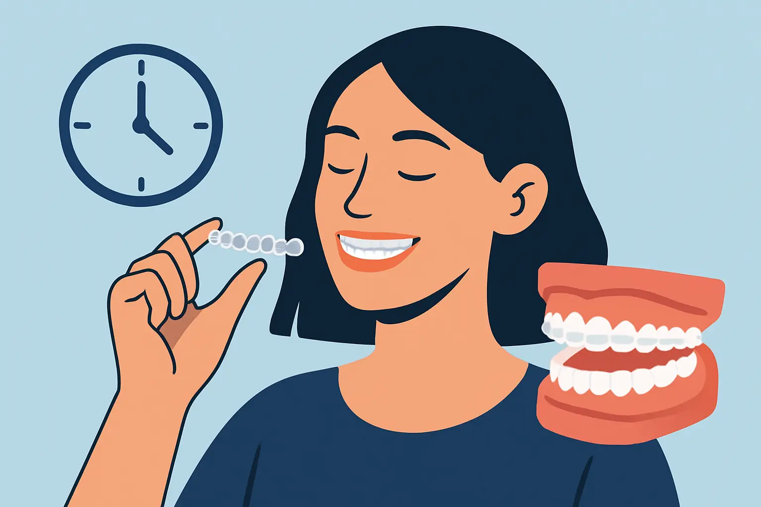 Mulher sorrindo com alinhadores invisíveis e modelo de dentes, com um relógio ao fundo.