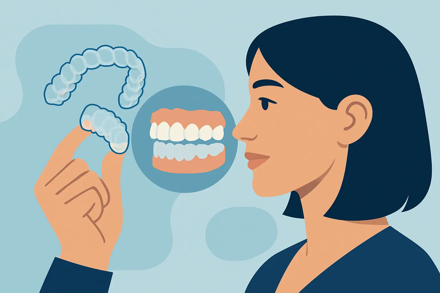 Mulher a segurar alinhador invisível e a observar molde de dentes.