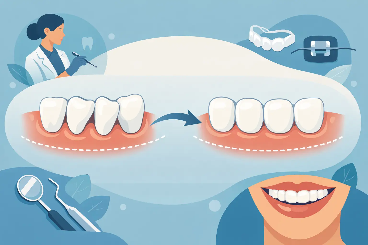 Dentes desalinhados corrigidos com aparelho dentário e sorriso saudável.
