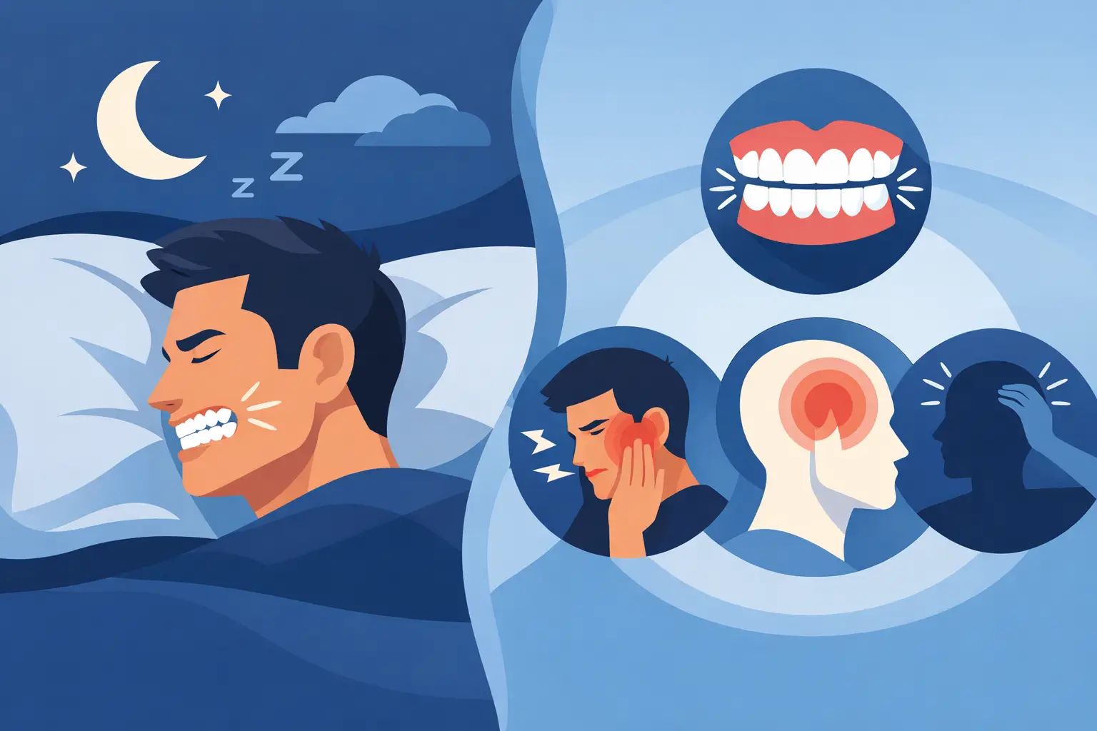 Homem a dormir com sintomas de bruxismo noturno, incluindo dor de cabeça, dor facial e desgaste dos dentes.
