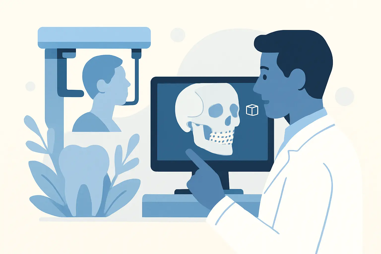 Médico analisa imagem 3D de CBCT dentário num monitor.