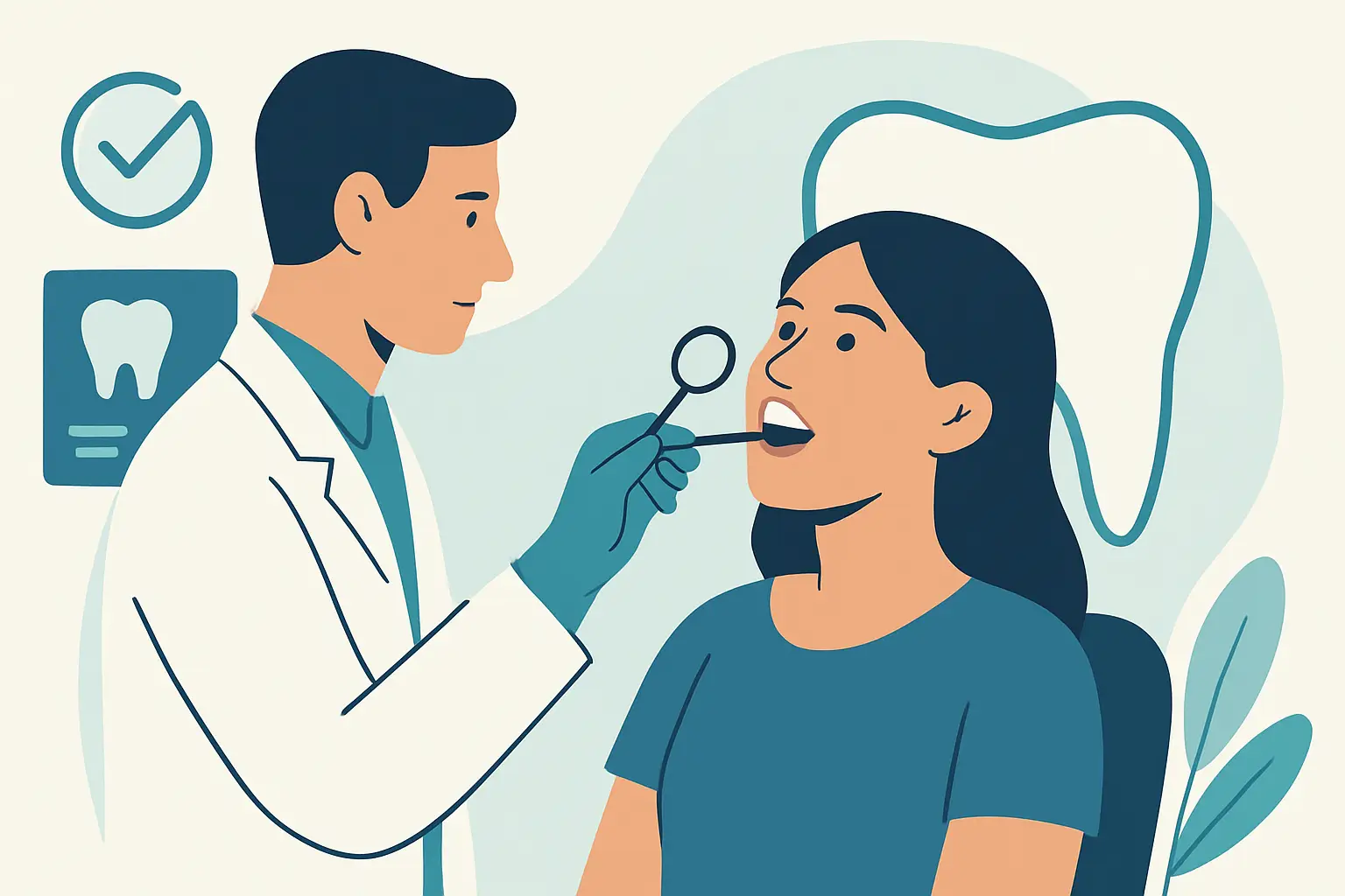 Dentista a examinar paciente com espelho dentário durante check-up.