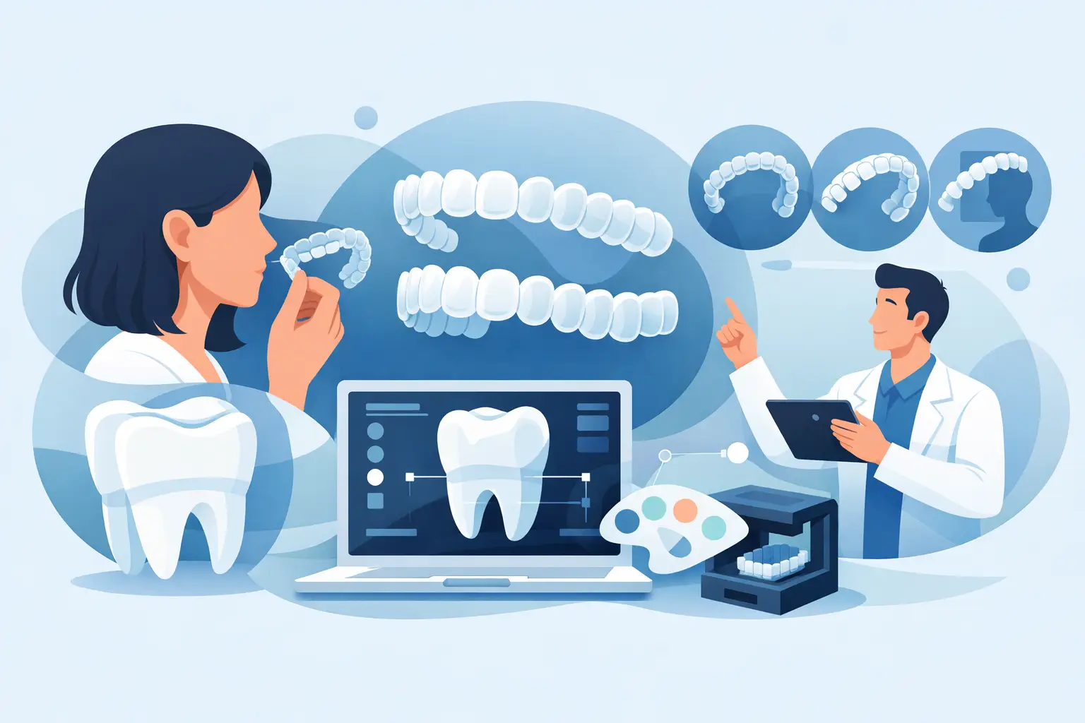 Dentista e paciente discutem alinhadores invisíveis personalizados com imagens de dentes no ecrã do computador.