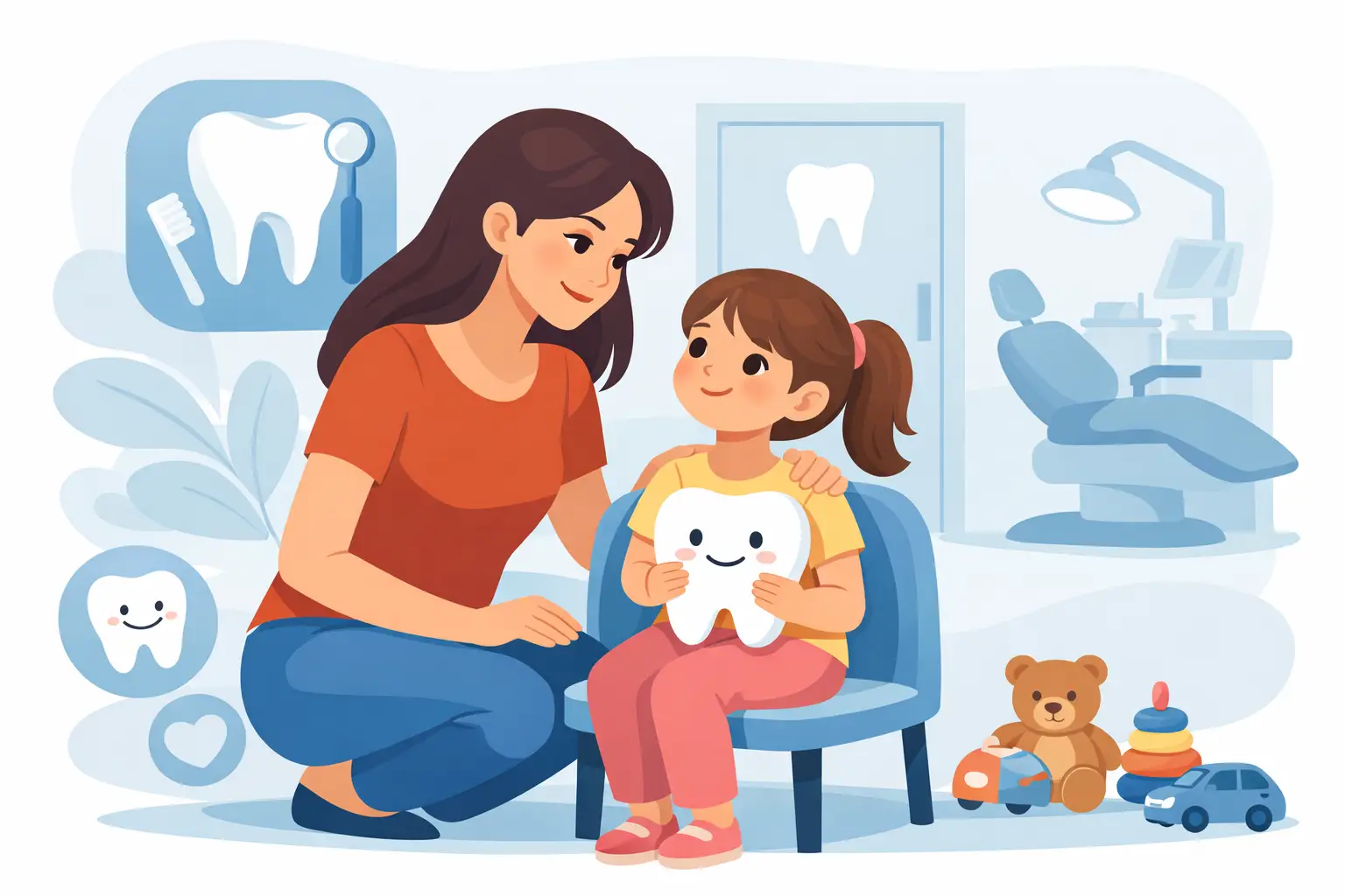 Mulher e criança num consultório dentário, a criança segura um dente com cara sorridente.