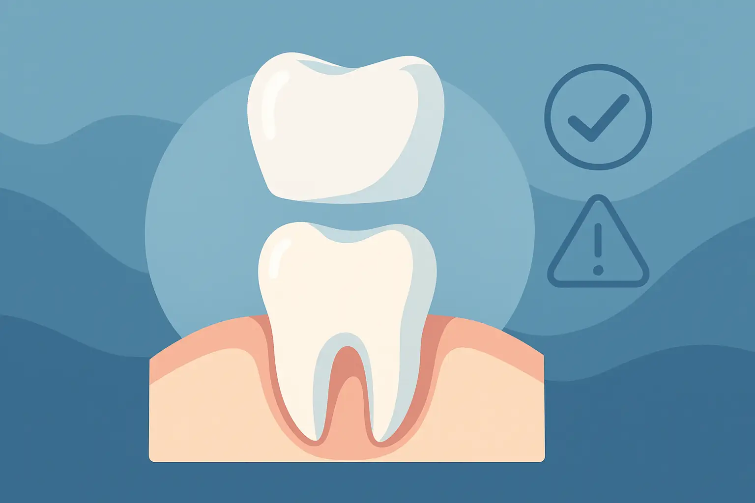 Coroa dentária em zircónia, vantagens e limitações, ilustração de dente com símbolo de verificação e aviso.