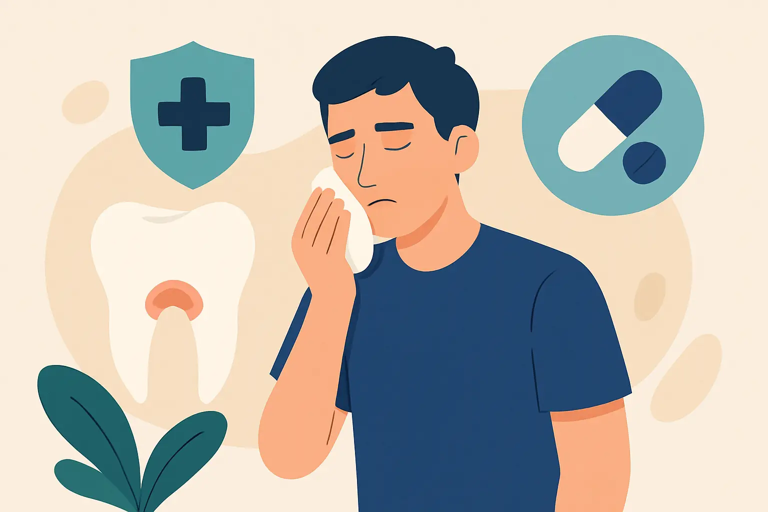 Homem a assoar o nariz com um lenço, com um dente, um escudo com uma cruz e uma pílula ao fundo.