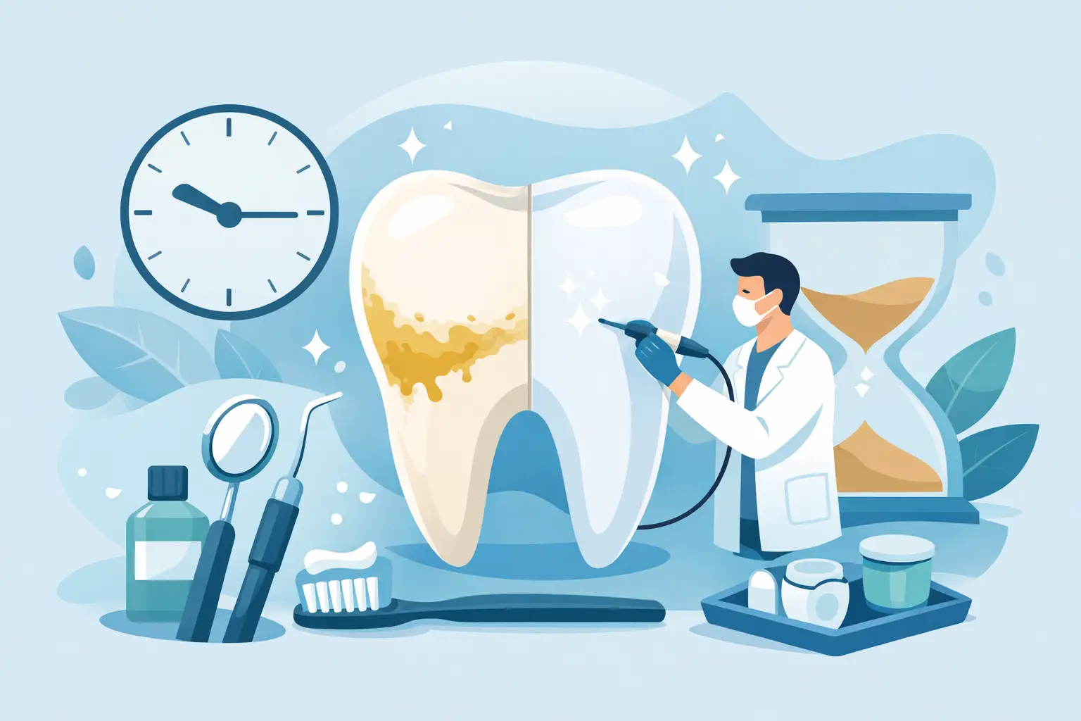 Dentista a realizar destartarização num dente com placa.