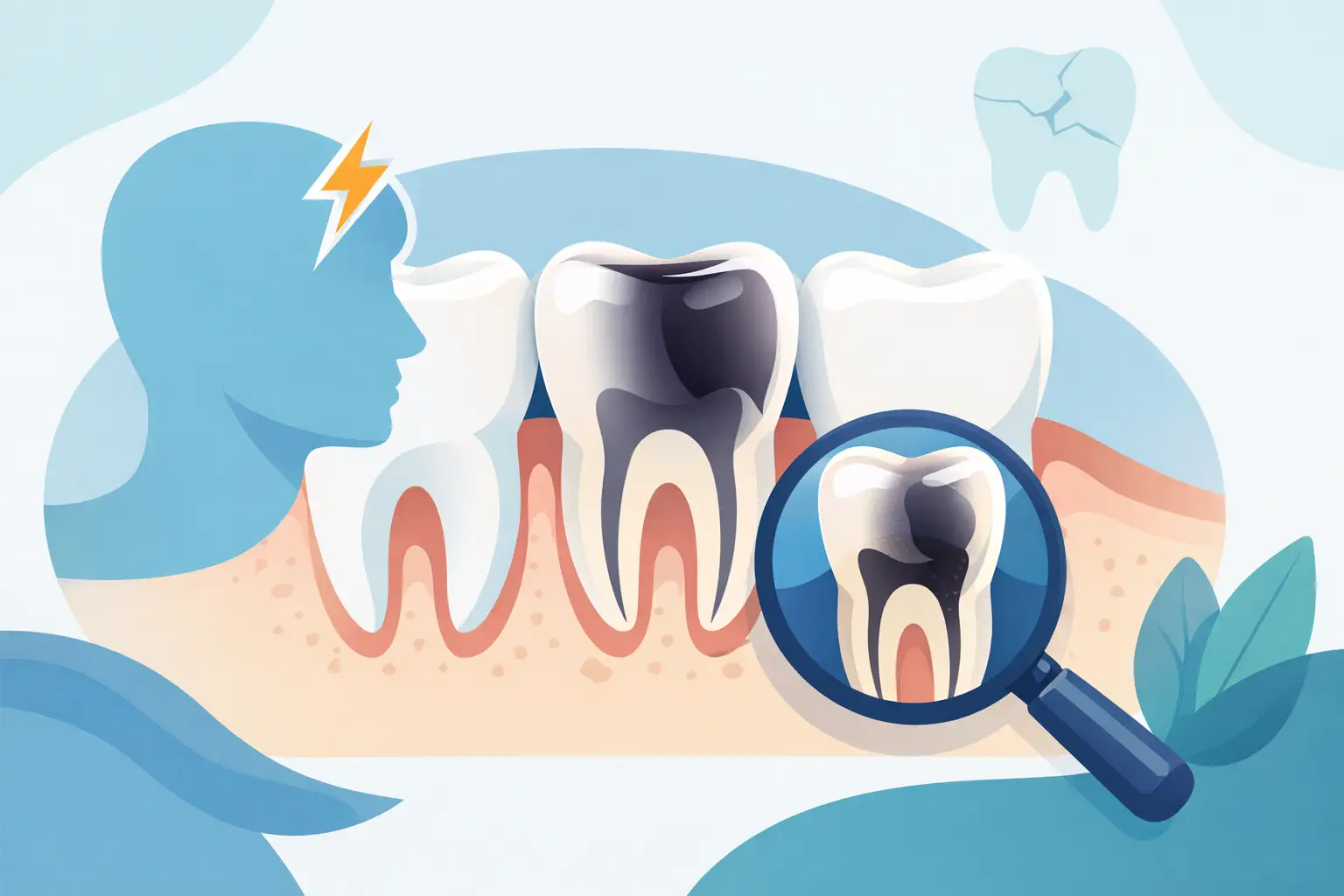 Dentes escurecidos devido a trauma, com lupa a destacar o problema.