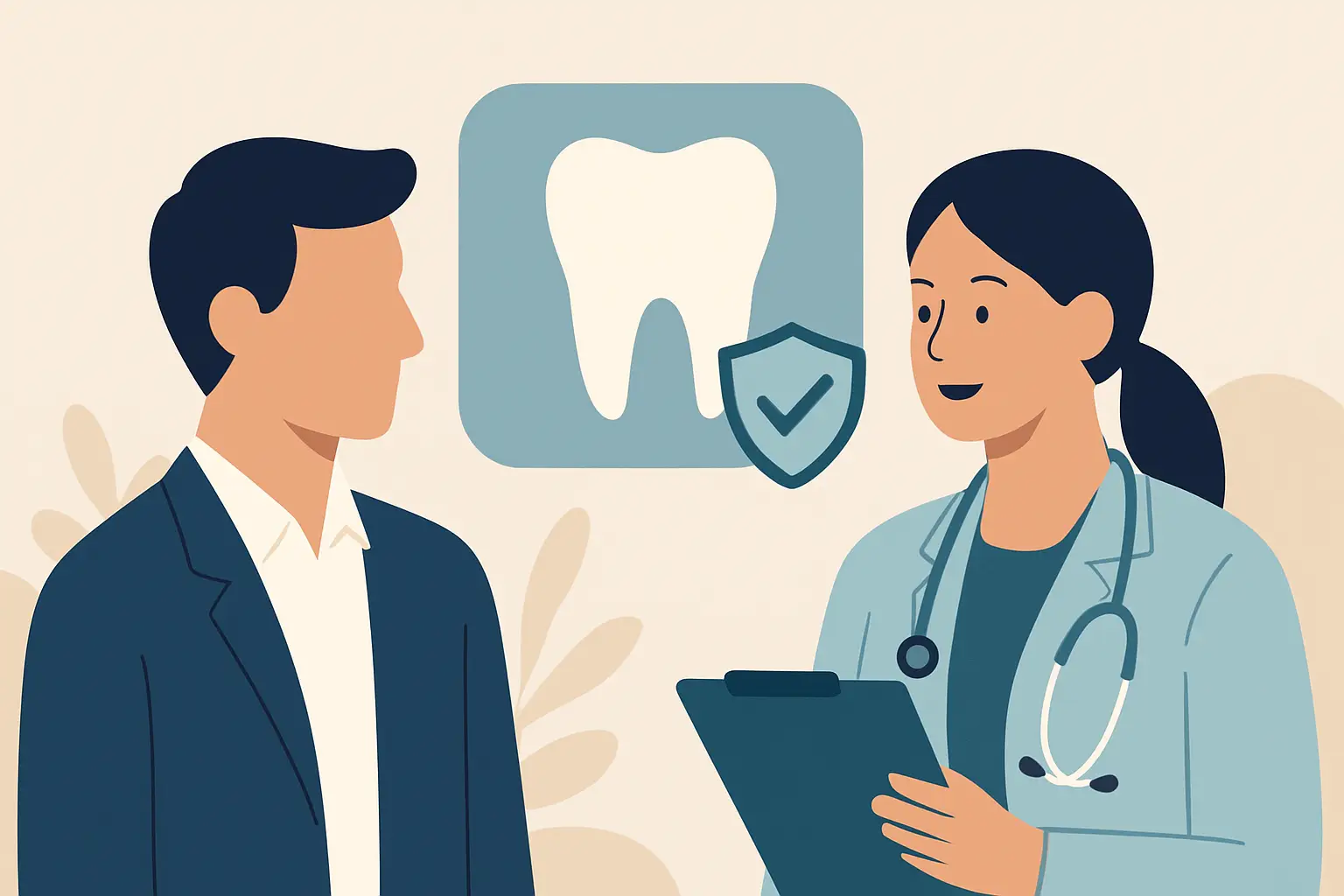 Dentista e paciente discutem procedimento odontológico com confiança e segurança.