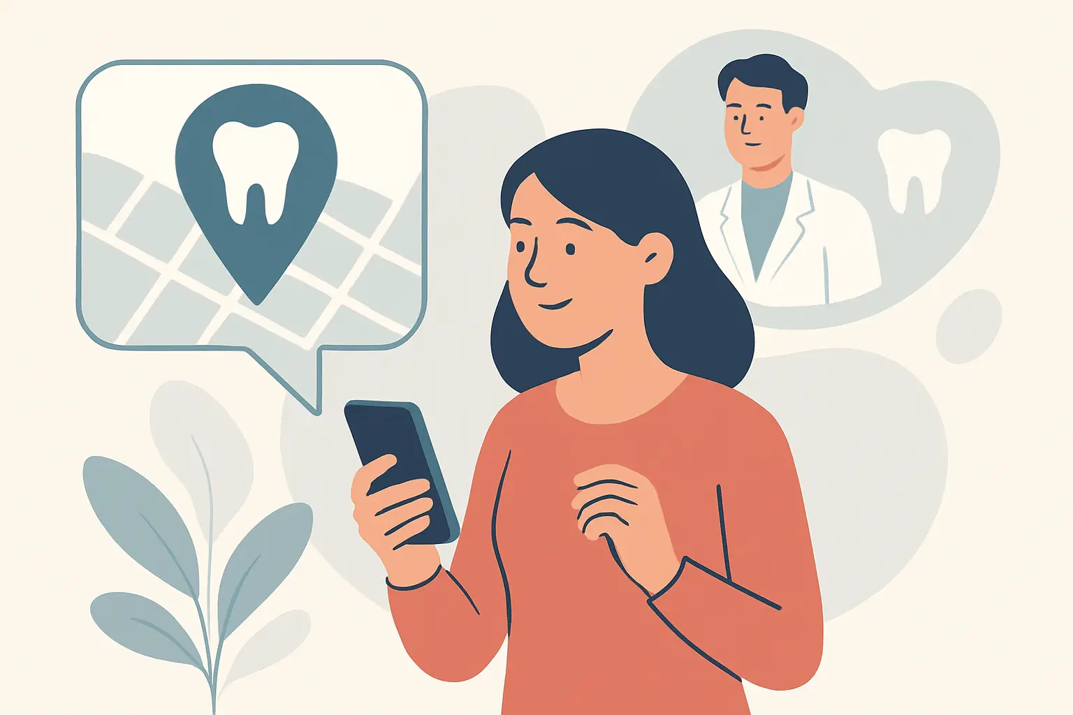 Mulher a usar o telemóvel para encontrar dentista perto de si.