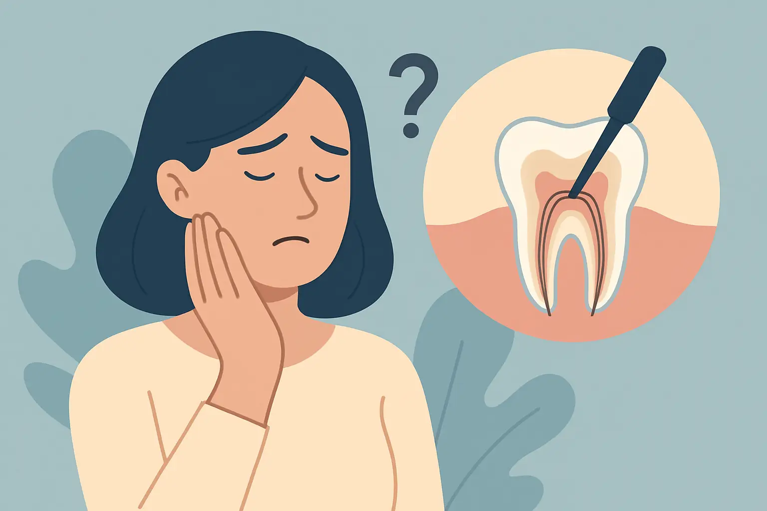 Mulher com dor de dente e ilustração de um dente com procedimento de desvitalização.