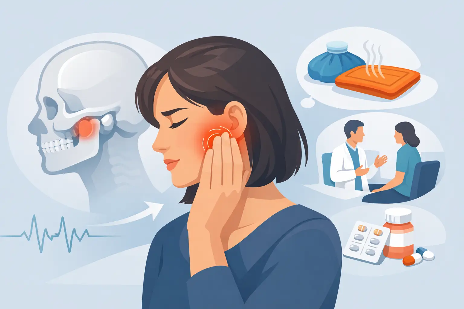 Mulher com dor na ATM, com ilustrações de sintomas e tratamentos.