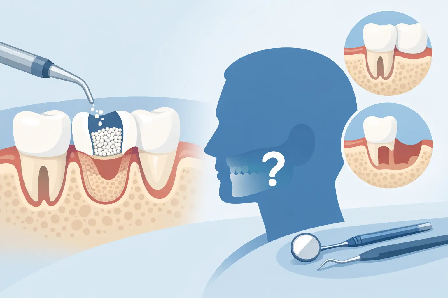 Ilustração de procedimento de enxerto ósseo dentário com aplicação de material de enxerto e imagens de secções transversais de dente.