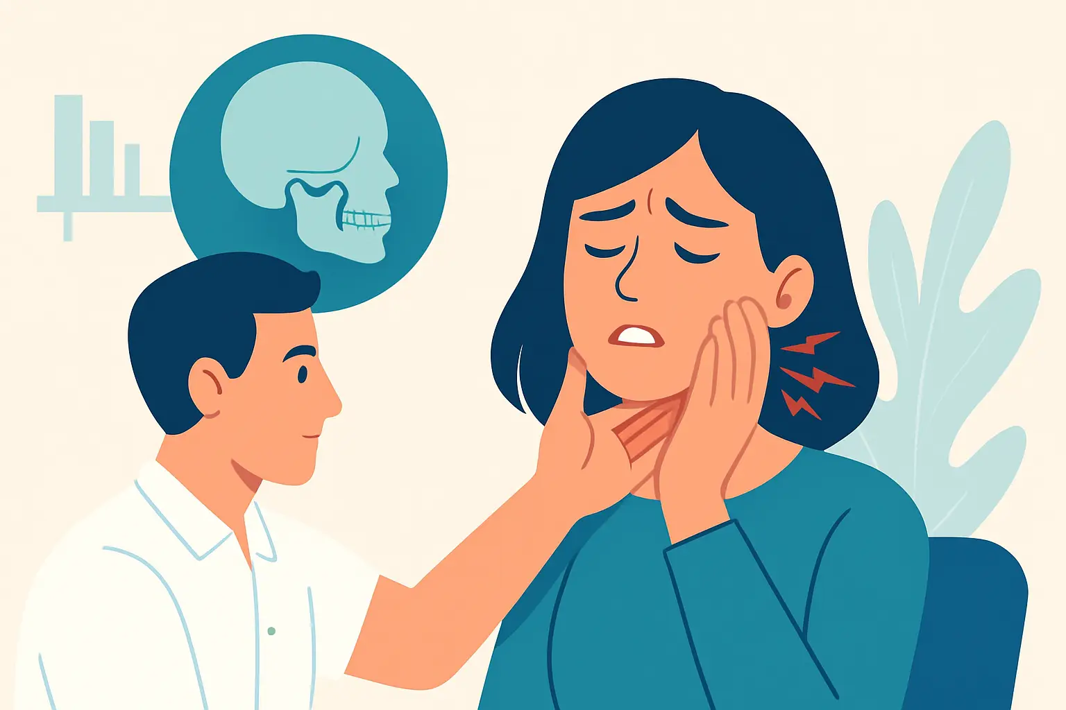 Mulher com dor na mandíbula e fisioterapeuta a examinar.