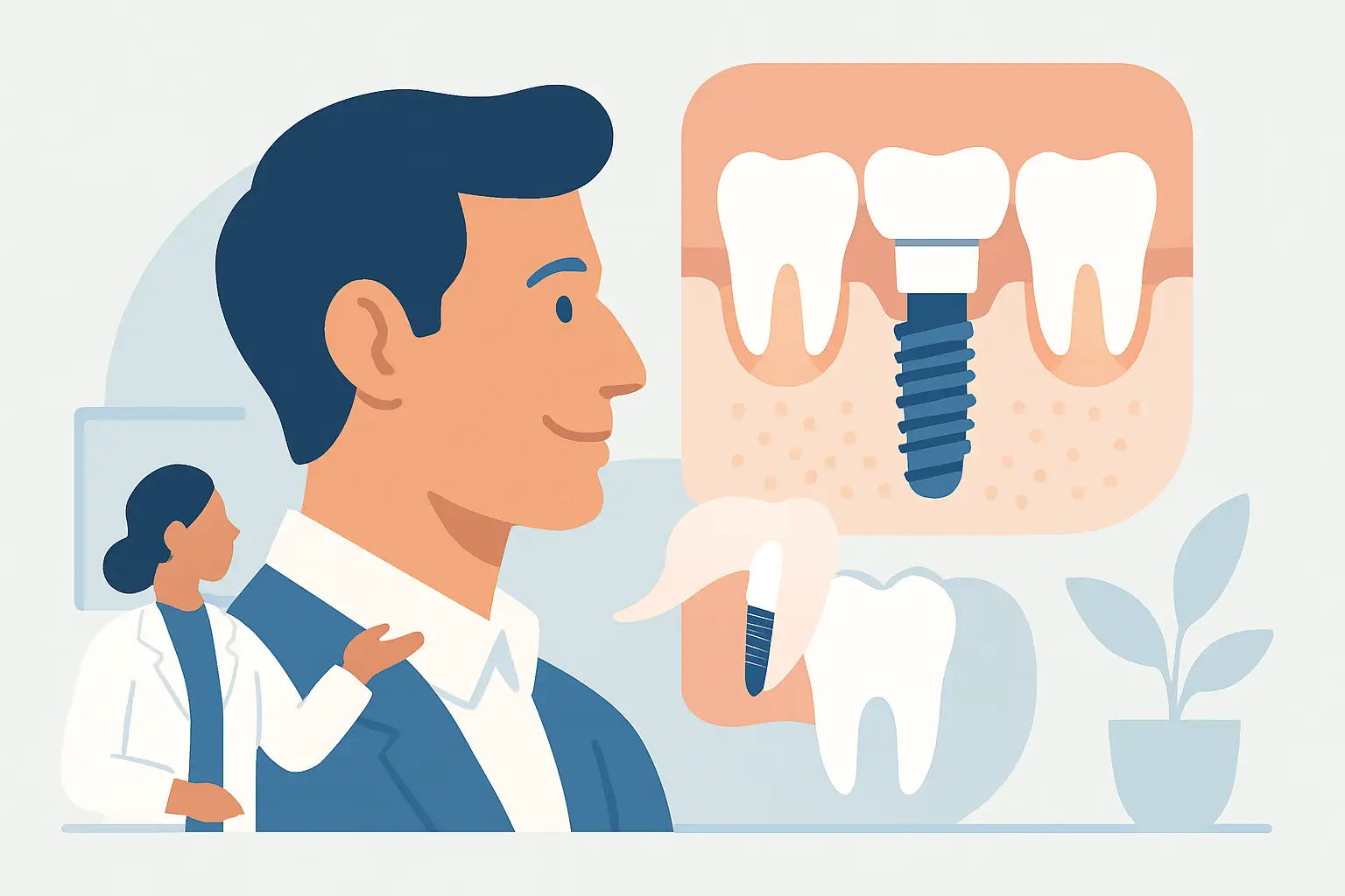 Ilustração de um paciente e um dentista discutindo implantes dentários com carga imediata.