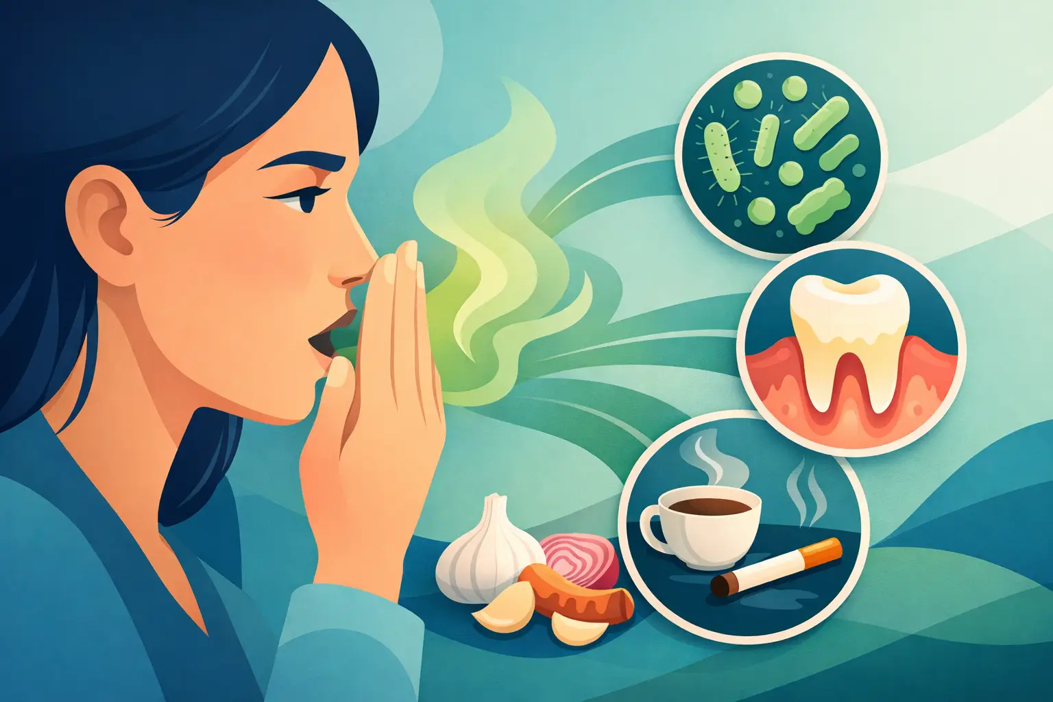 Mau hálito persistente: causas como bactérias, doenças gengivais e consumo de tabaco e alimentos.