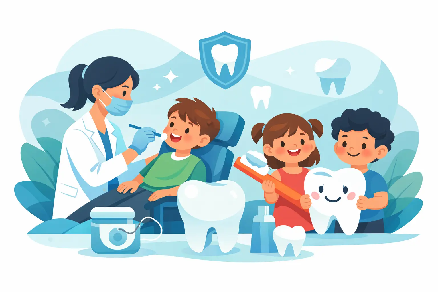 Dentista a examinar criança com outros dois ao lado com um dente e uma escova de dentes.