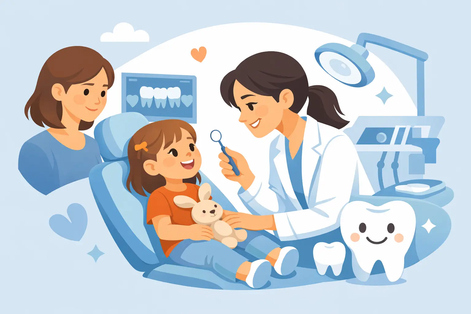 Dentista a examinar criança com a mãe presente, odontopediatria.