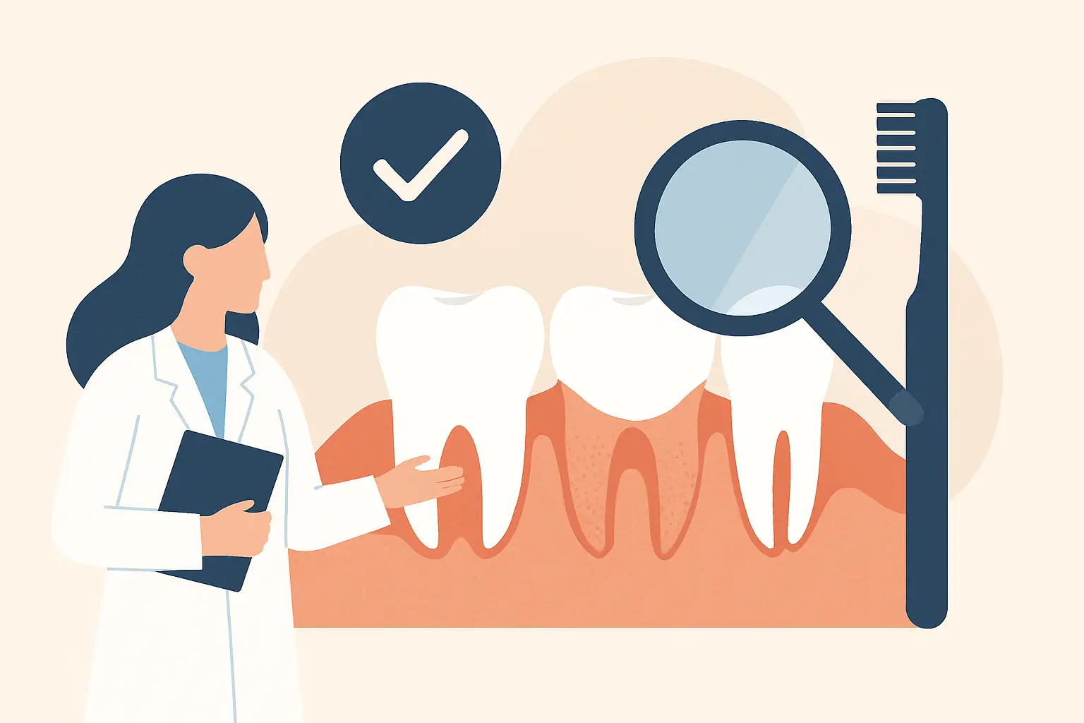 Dentista explica a saúde das gengivas e dentes com escova e lupa.
