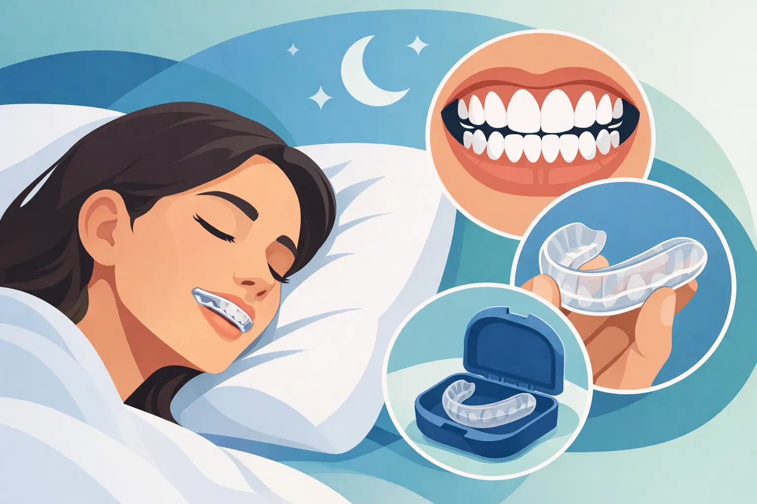 Mulher a dormir com goteira para bruxismo, com close-up de dentes e goteira na mão e na caixa.