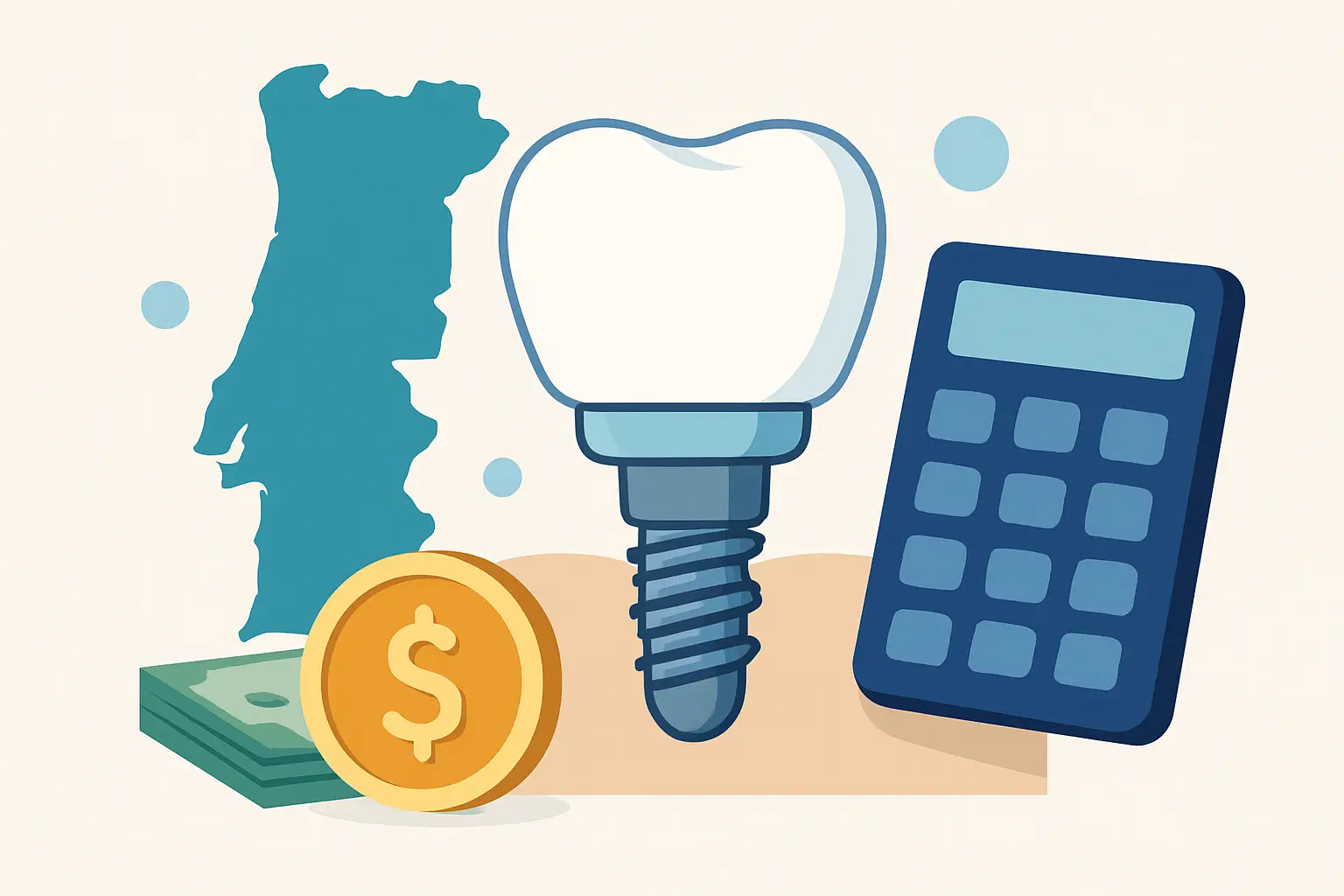 Implante dentário, mapa de Portugal, notas, moeda e calculadora.