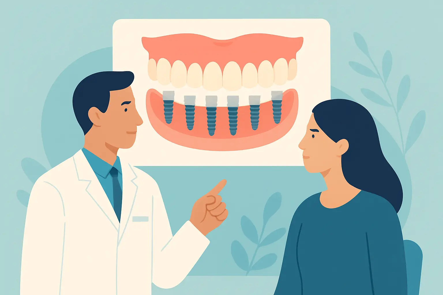 Dentista explica reabilitação oral com implantes dentários a paciente.