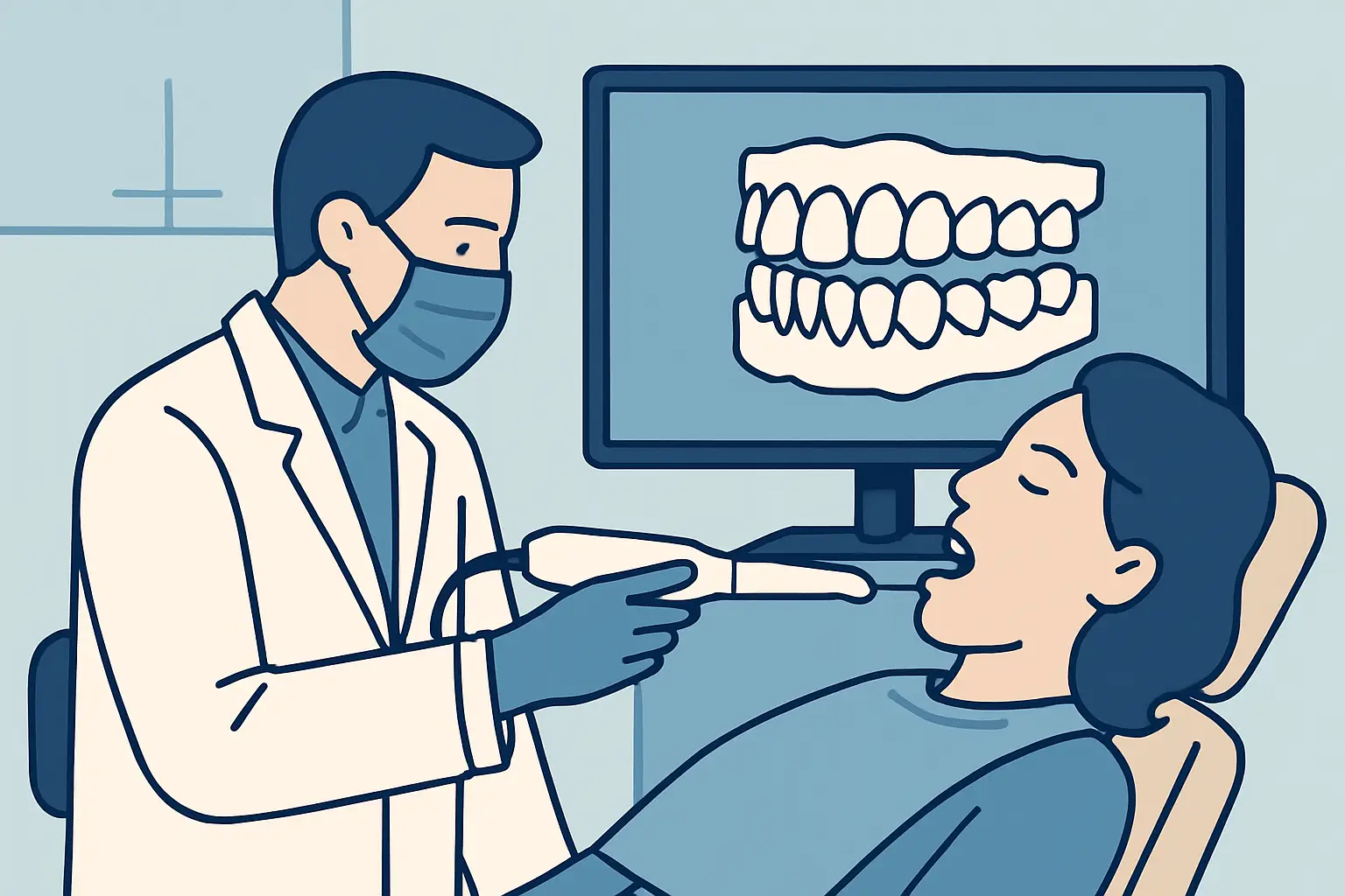 Dentista a usar scanner intraoral 3D numa paciente para capturar imagem dentária.