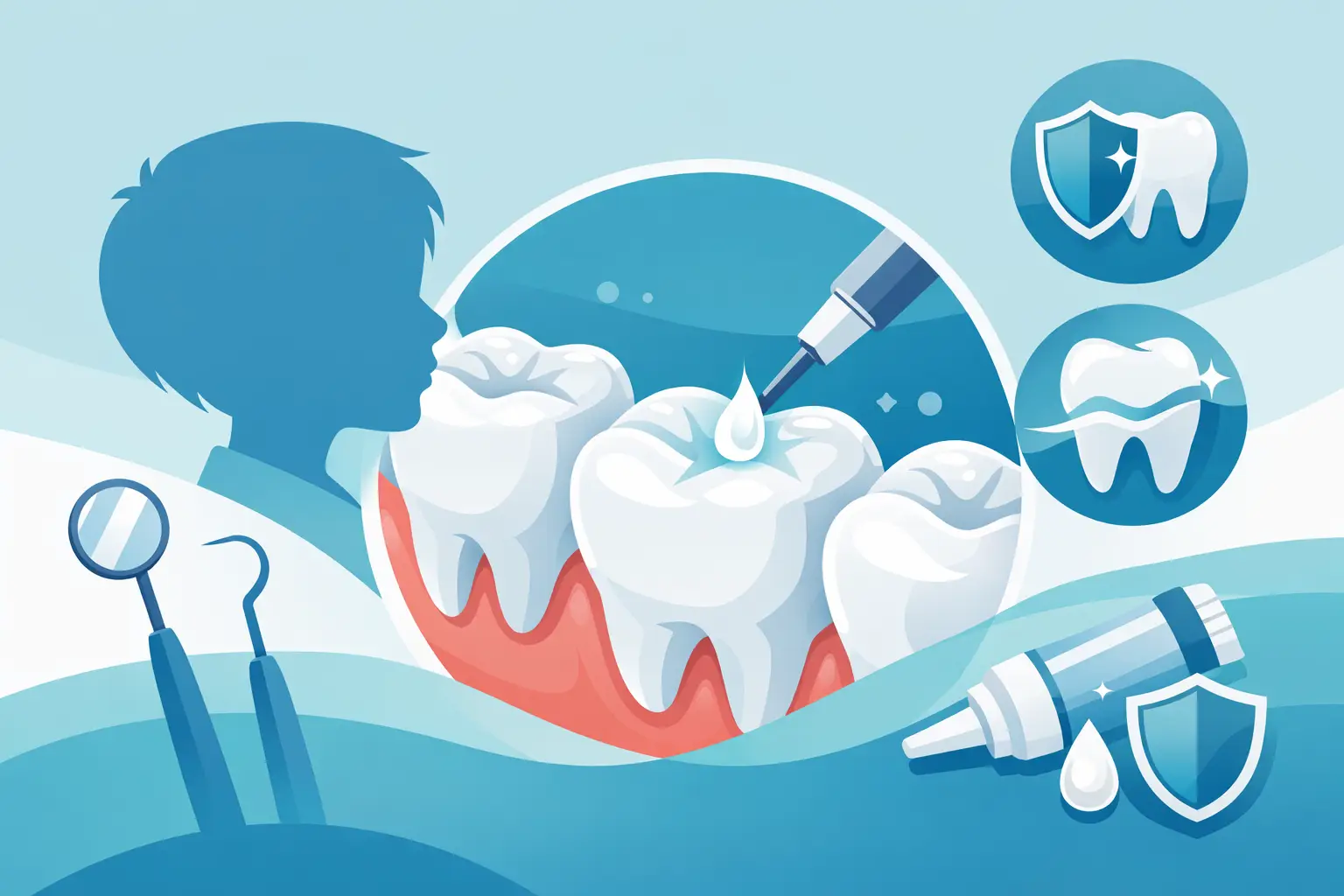 Aplicação de selantes dentários em dentes de criança para prevenção de cáries.