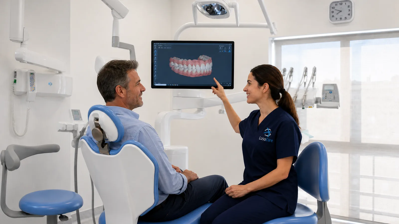 Médica dentista a mostrar o exame CBCT 3D no ecrã a um paciente na Lusocare