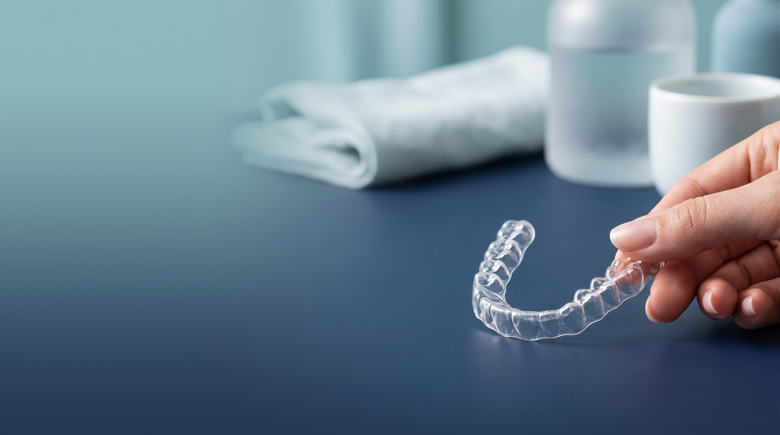 Alinhador dentário transparente segurado com as pontas dos dedos, em tons de azul e verde-água.
