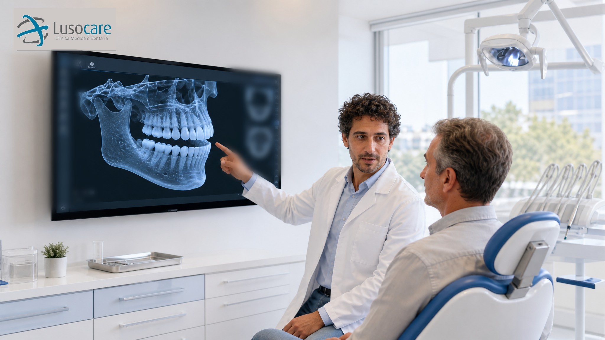 Dentista a explicar uma TAC 3D (CBCT) da mandíbula a um paciente na Lusocare Montijo