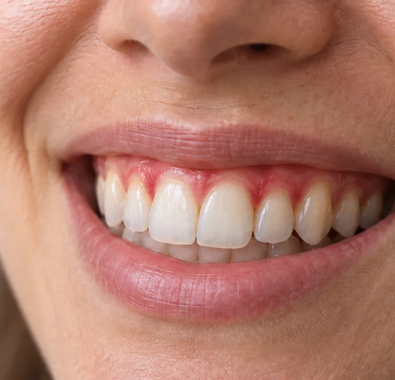 Sorriso com gengivas inflamadas junto à margem dos dentes.