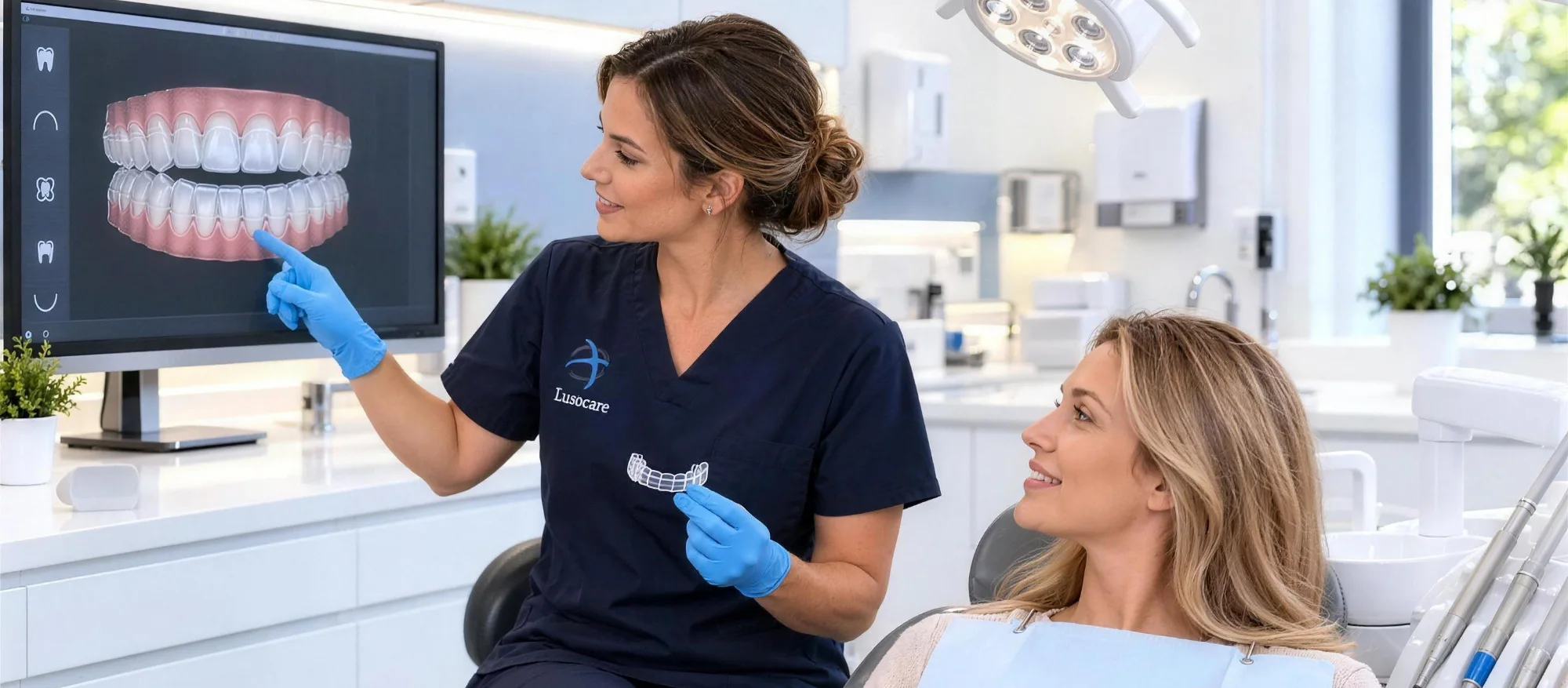 Médica dentista mostra o plano digital dos alinhadores à paciente