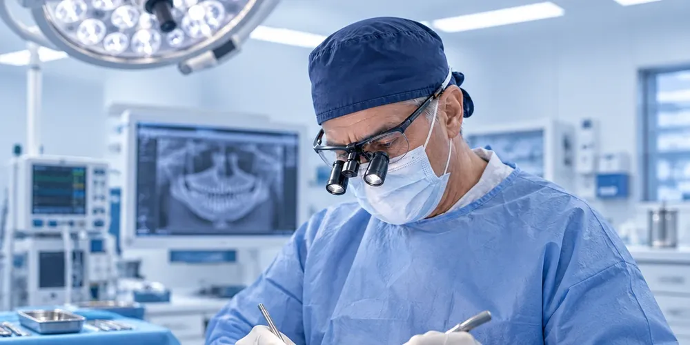 Cirurgião oral com lupas durante uma cirurgia