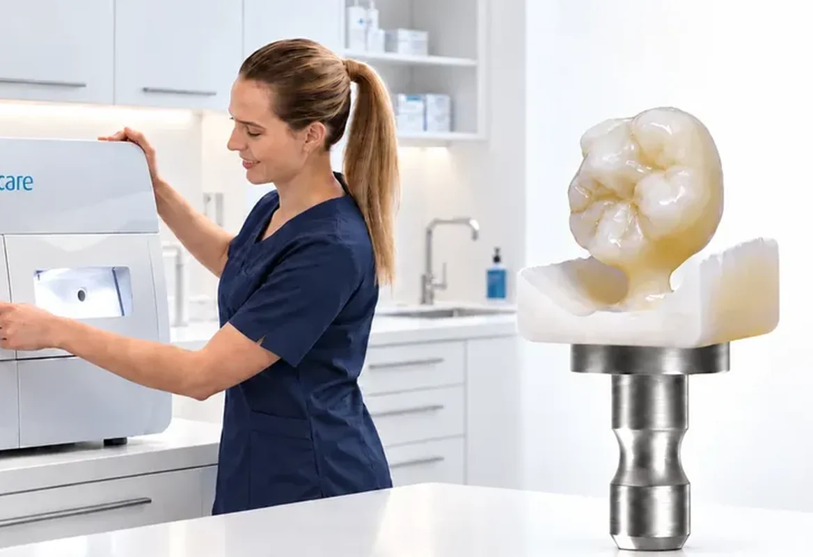 Assistente dentária a produzir uma coroa em cerâmica na fresadora CAD-CAM da clínica